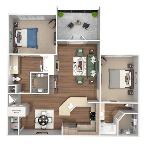 Floor plan for 2 beds, 2 baths, 1089 sqft